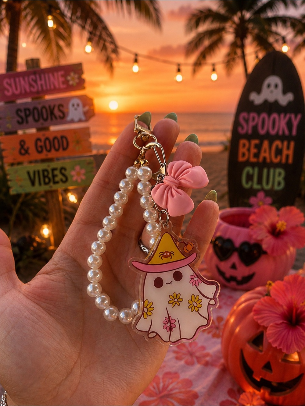 Cute Ghost Pearl Keychain with Pink Bow